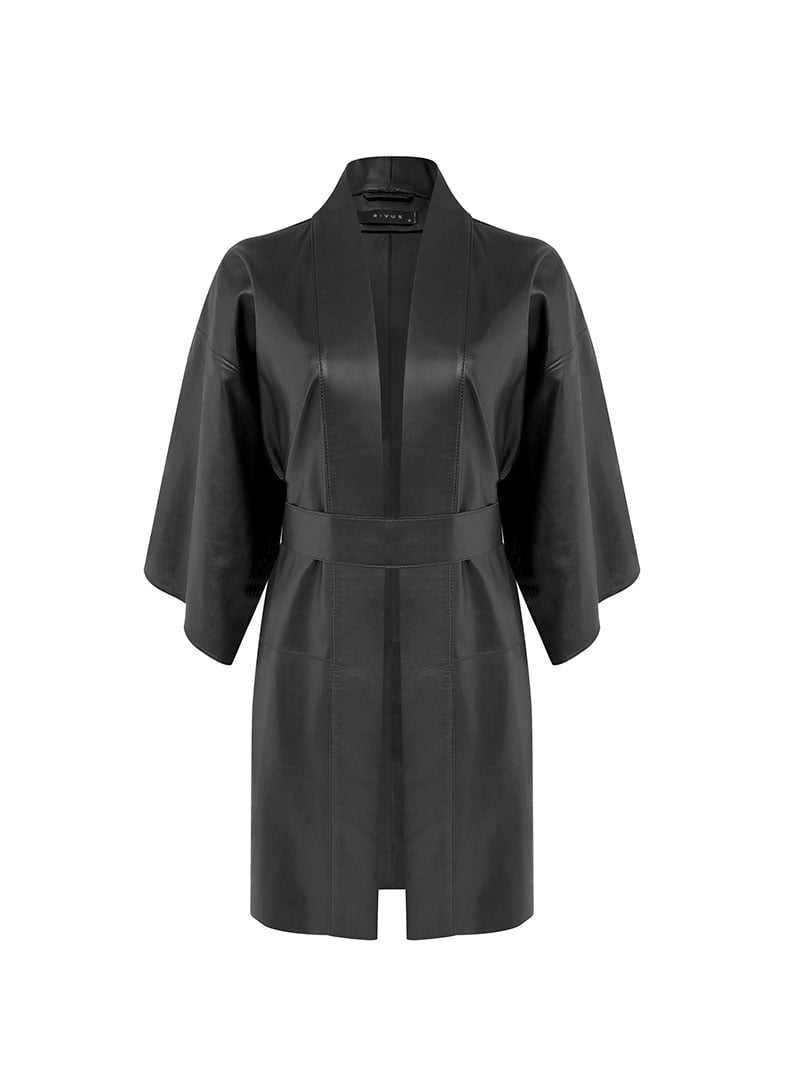 Kol Altı Pencereli Kısa Deri Kimono - Siyah