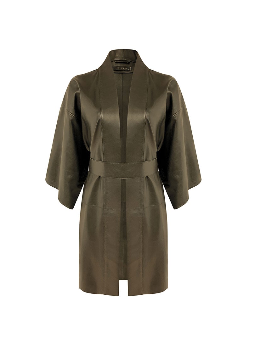 Kol Altı Pencereli Kısa Deri Kimono - Taupe