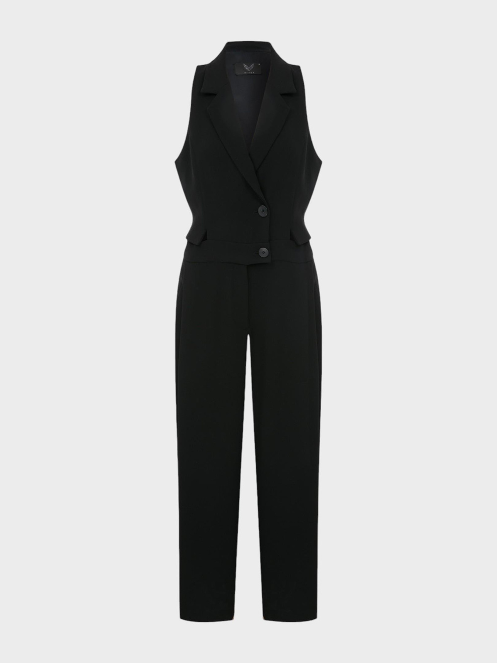 Kolsuz Ceket Yakalı Düğmeli Bel Dekolteli Şık Tulum -Siyah