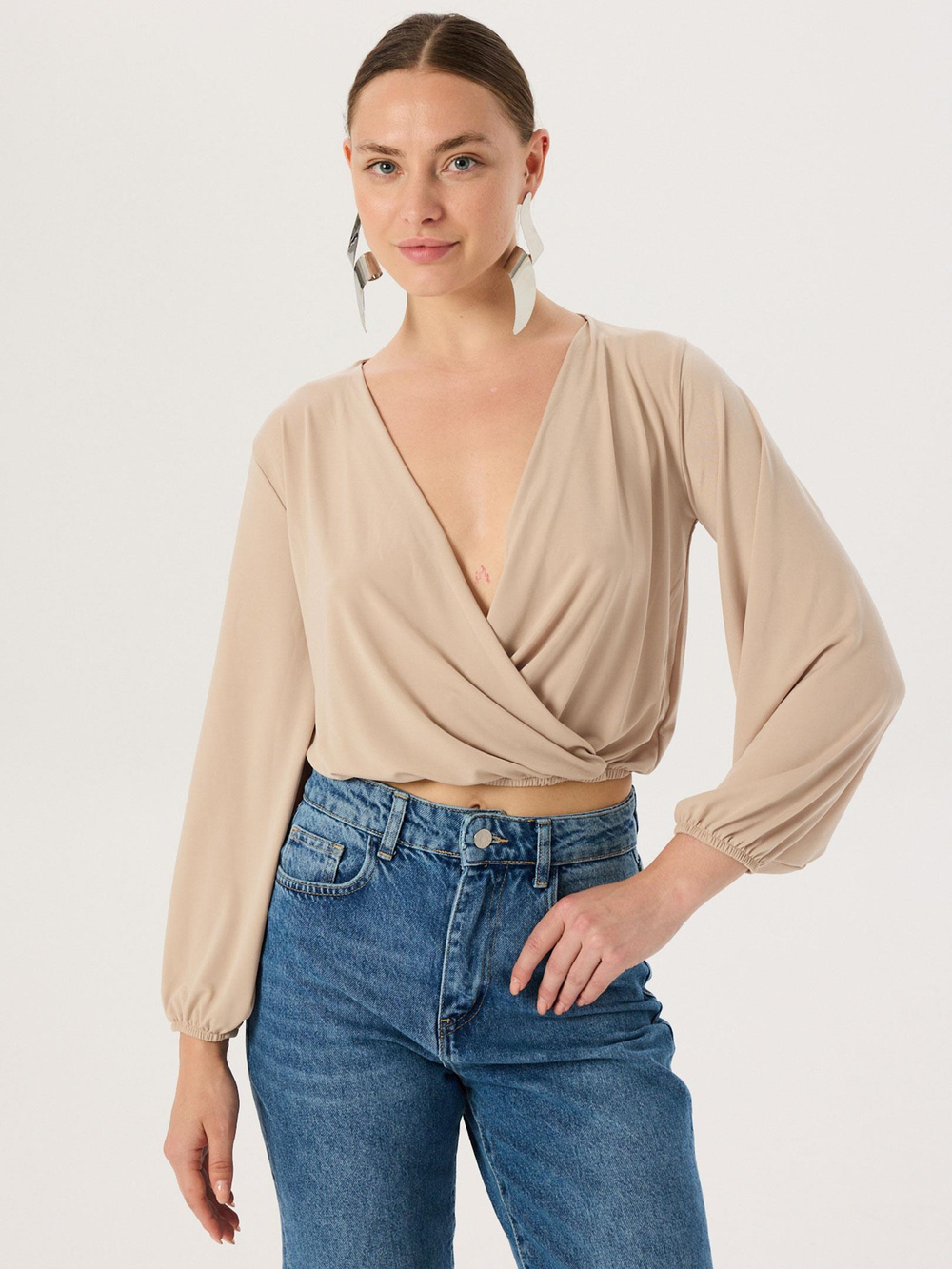 Kruvaze Kapamalı Bluz - Bej