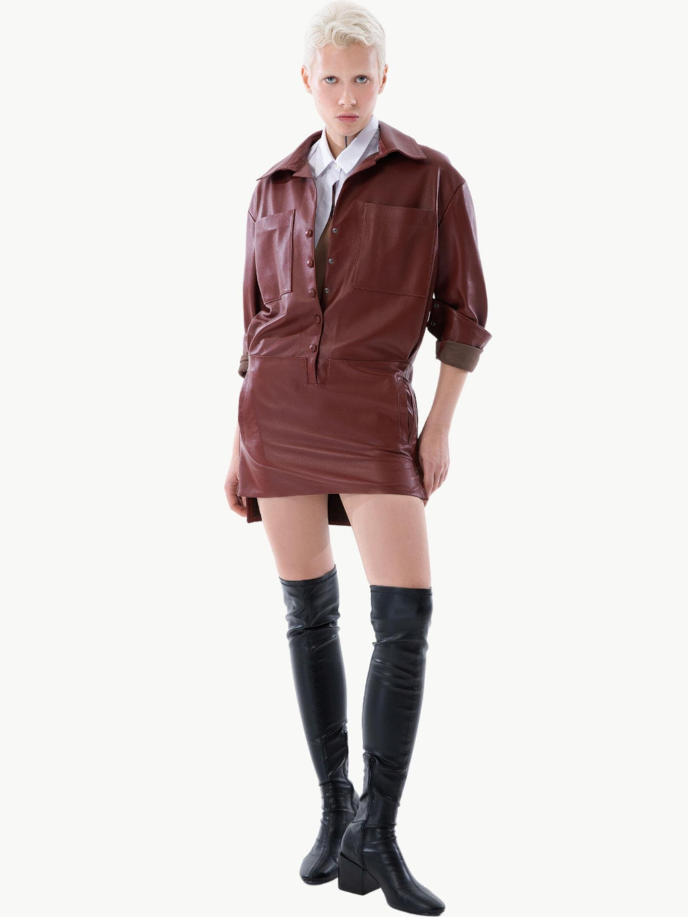 Önü Çıtçıt Patlı Deri Elbise - Bordo