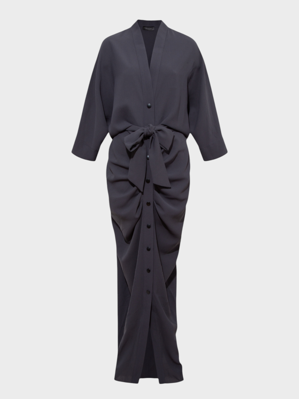 Önü Çıtçıtlı V Yakalı Eteği Büzgülü Elbise - Füme