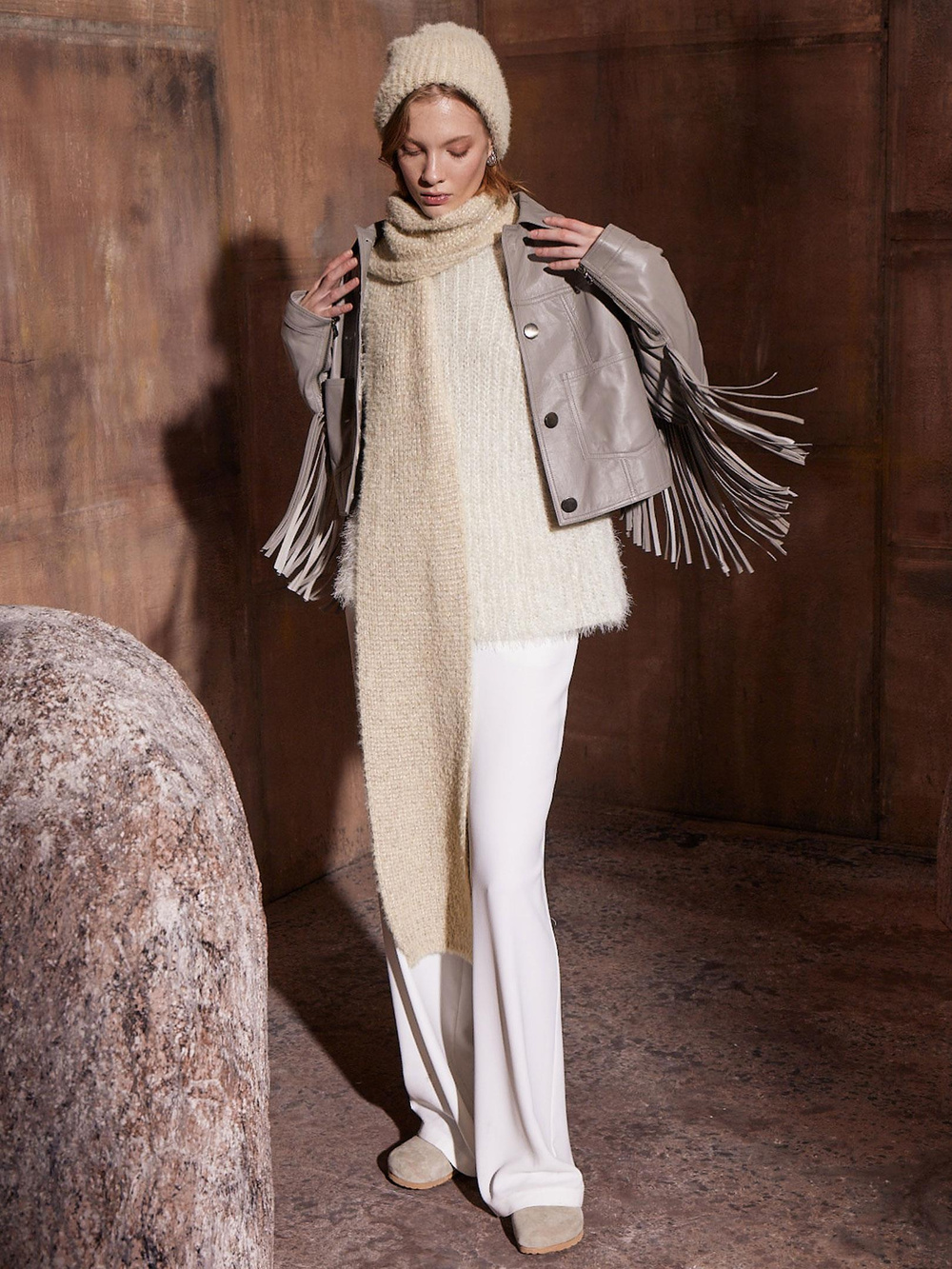 Püsküllü Deri Ceket -Gri