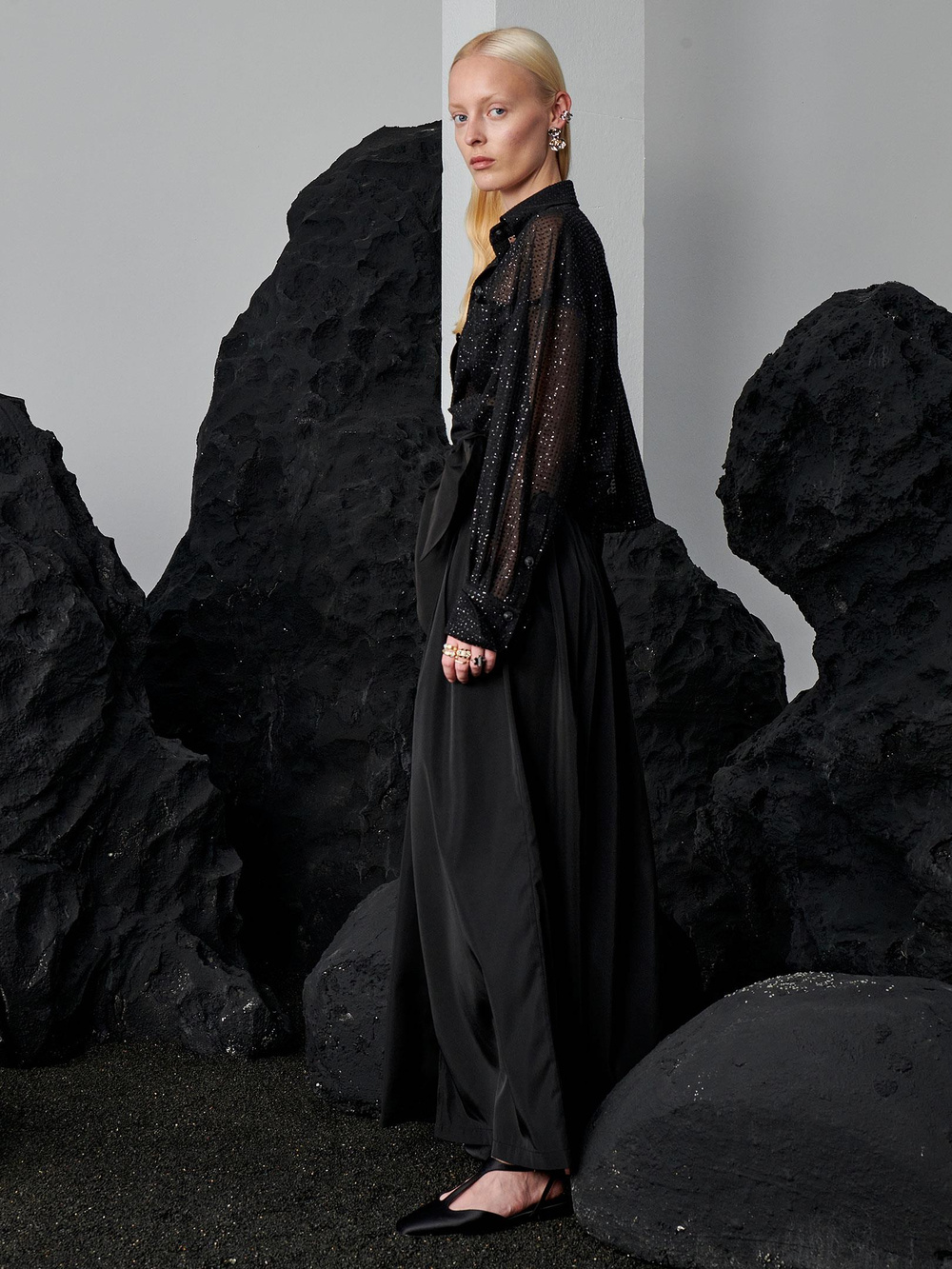 Simli Puantiyeli  Salaş Gömlek - Siyah