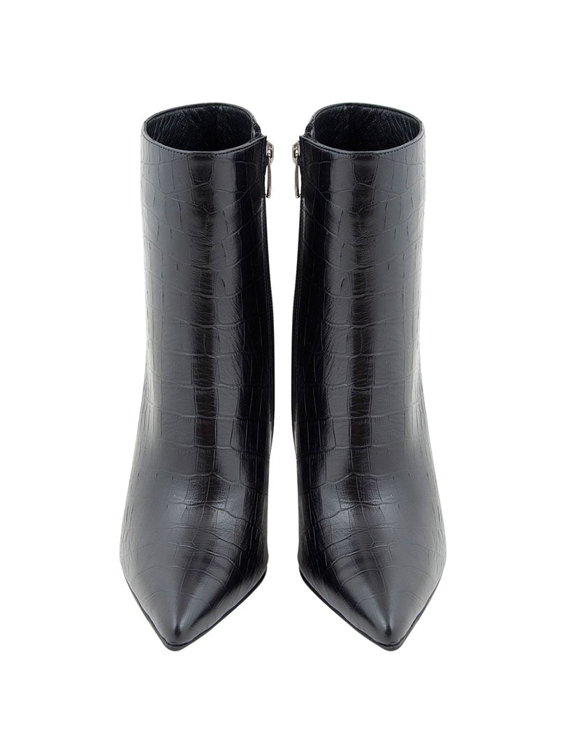 Kroko Desen Kısa Topuklu Deri Bot - Siyah