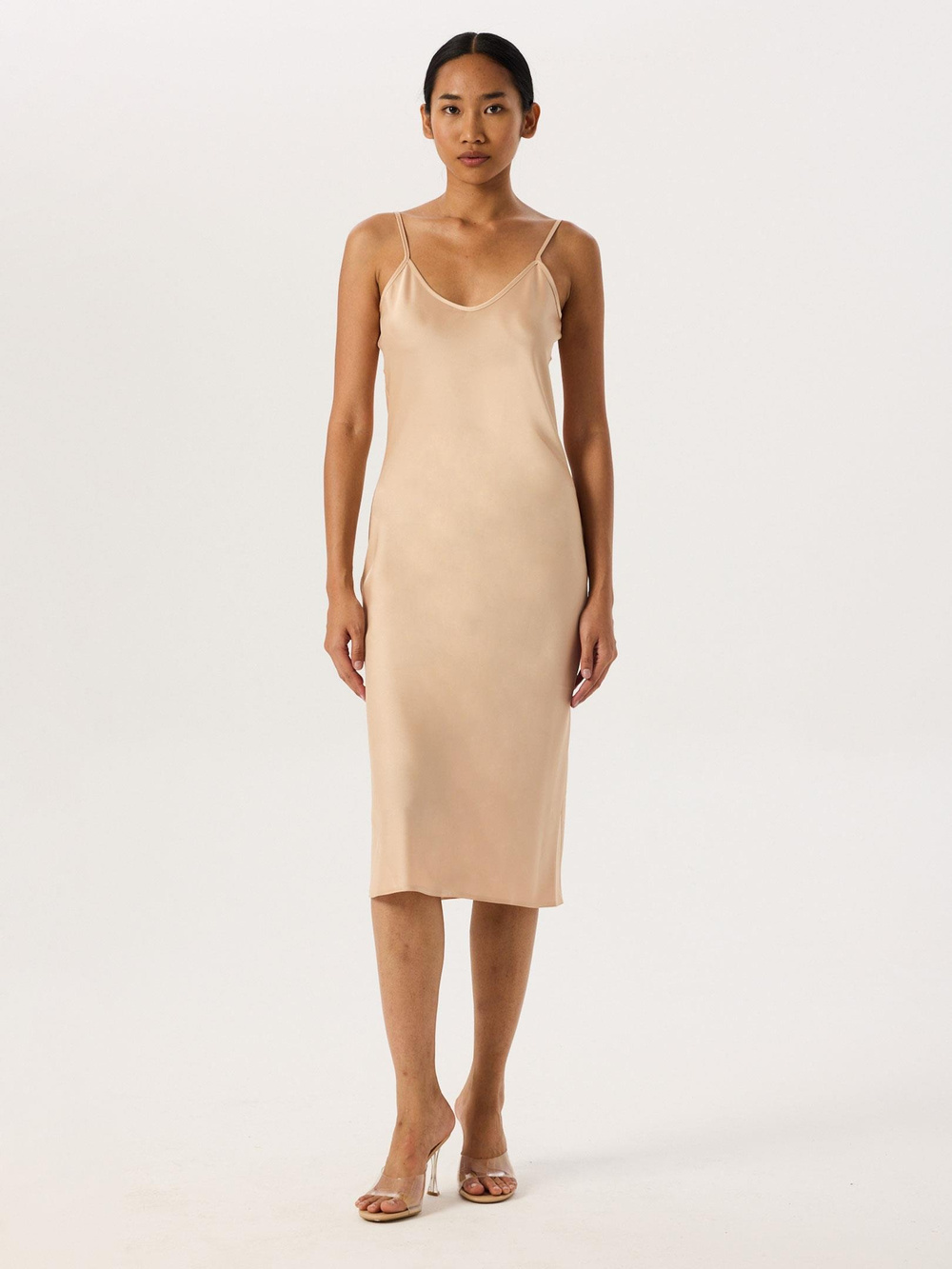 Spagetti Askılı Saten Midi Elbise - Bej