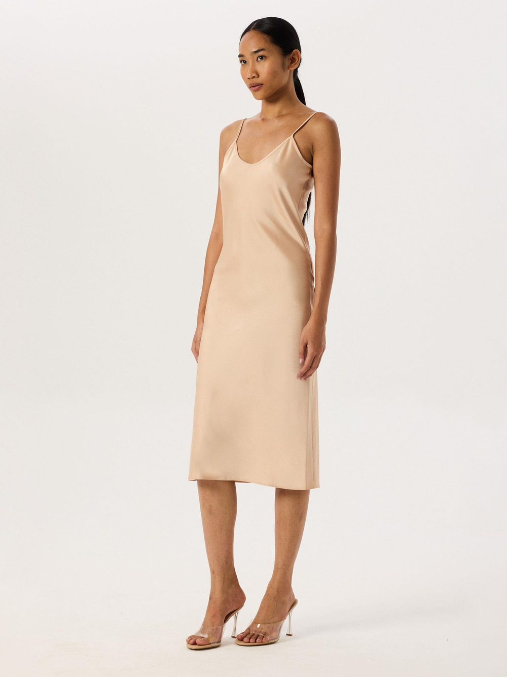Spagetti Askılı Saten Midi Elbise - Bej