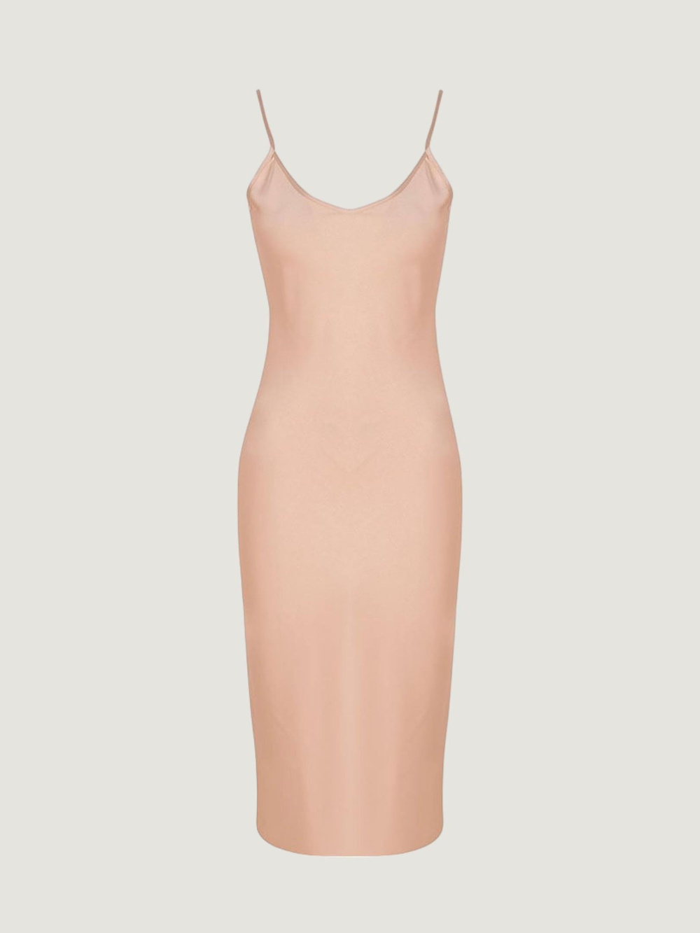 Spagetti Askılı Saten Midi Elbise - Bej