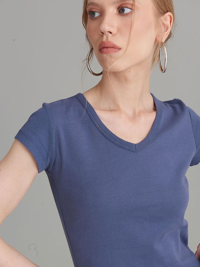 V Yaka Crop T-Shirt - Mavi