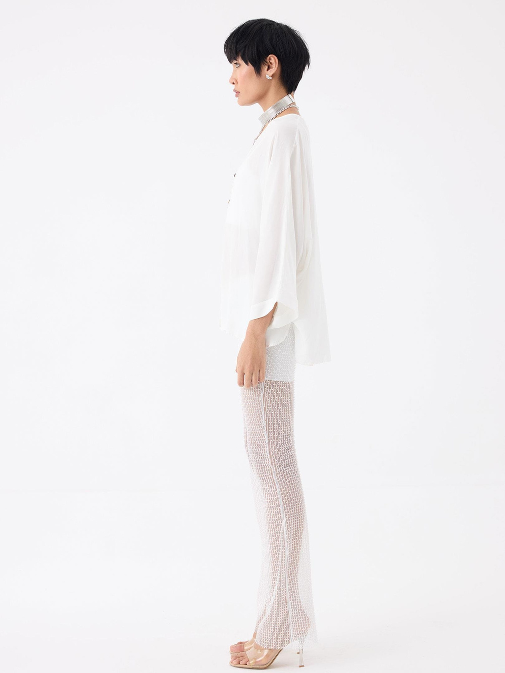 V Yaka Oversize Gömlek - Ekru