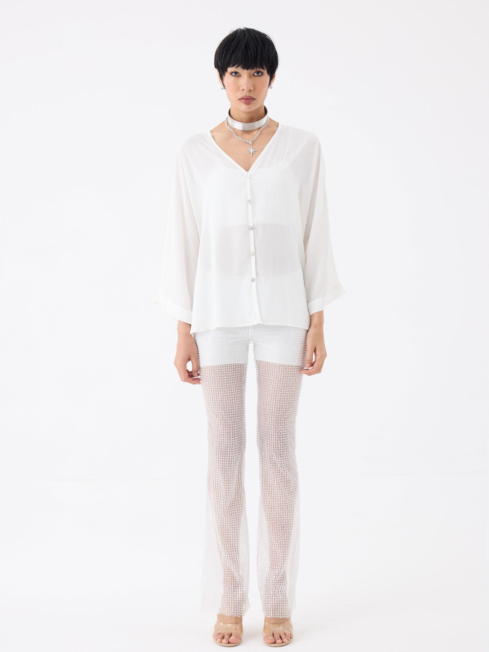 V Yaka Oversize Gömlek - Ekru