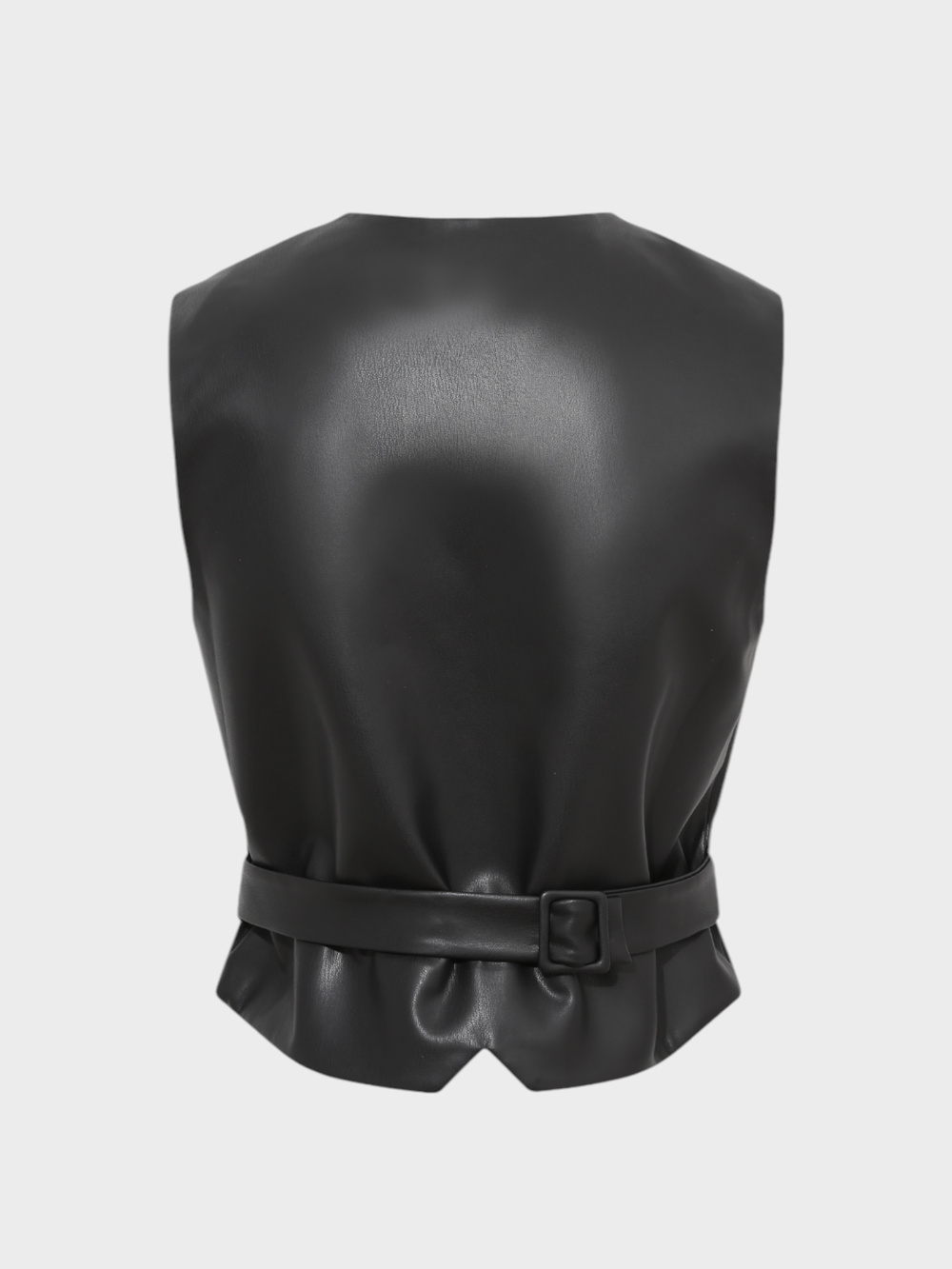 V Yakalı Fleto Cep Detaylı Deri Yelek - Siyah