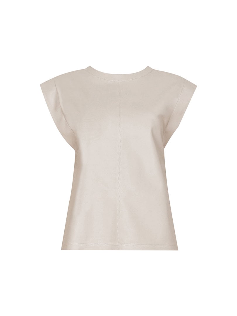 Vatkalı Deri T-shirt - Bej