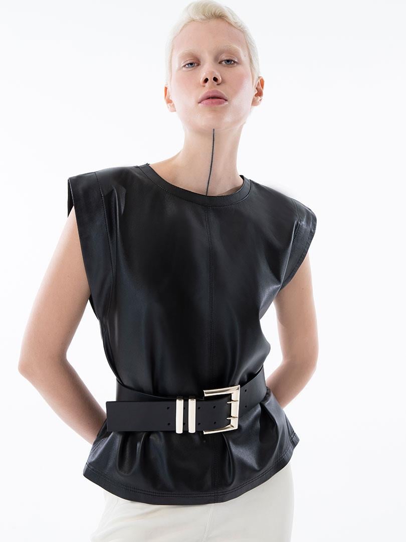 Vatkalı Deri T-shirt - Siyah