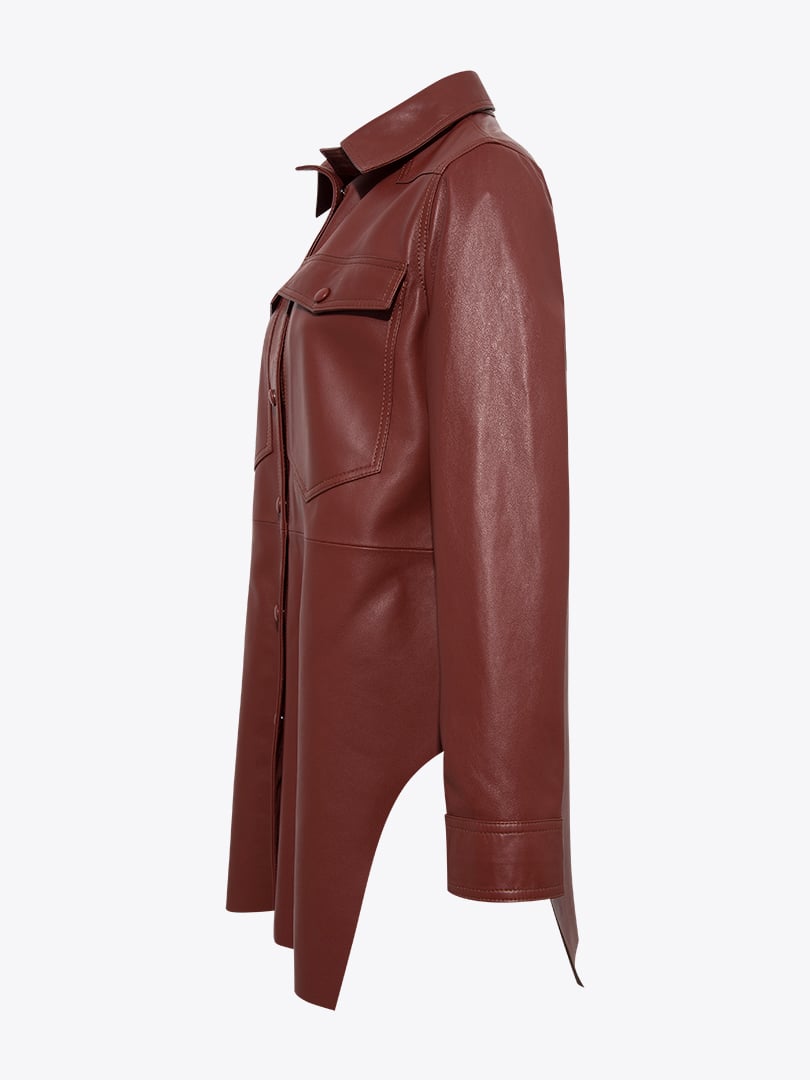 Yanları Yırtmaçlı Deri Gömlek - Bordo