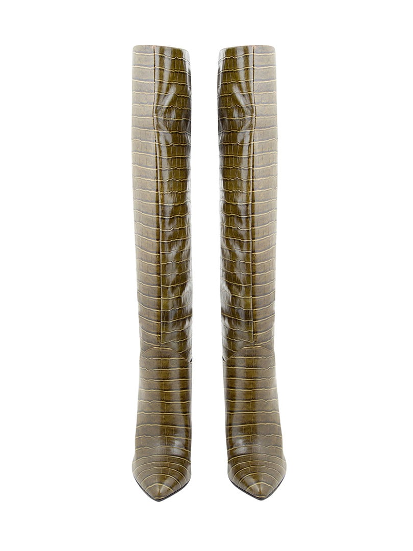 Kroko Desen Topuklu Deri Çizme - Yeşil