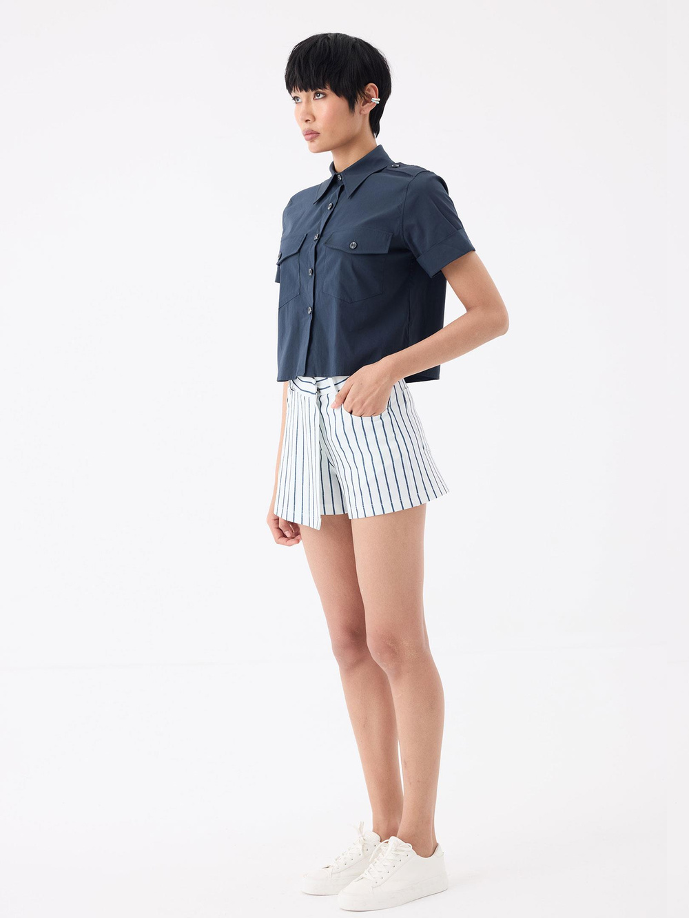 Yüksek Bel Çizgili Şort Etek - Mavi Çizgili