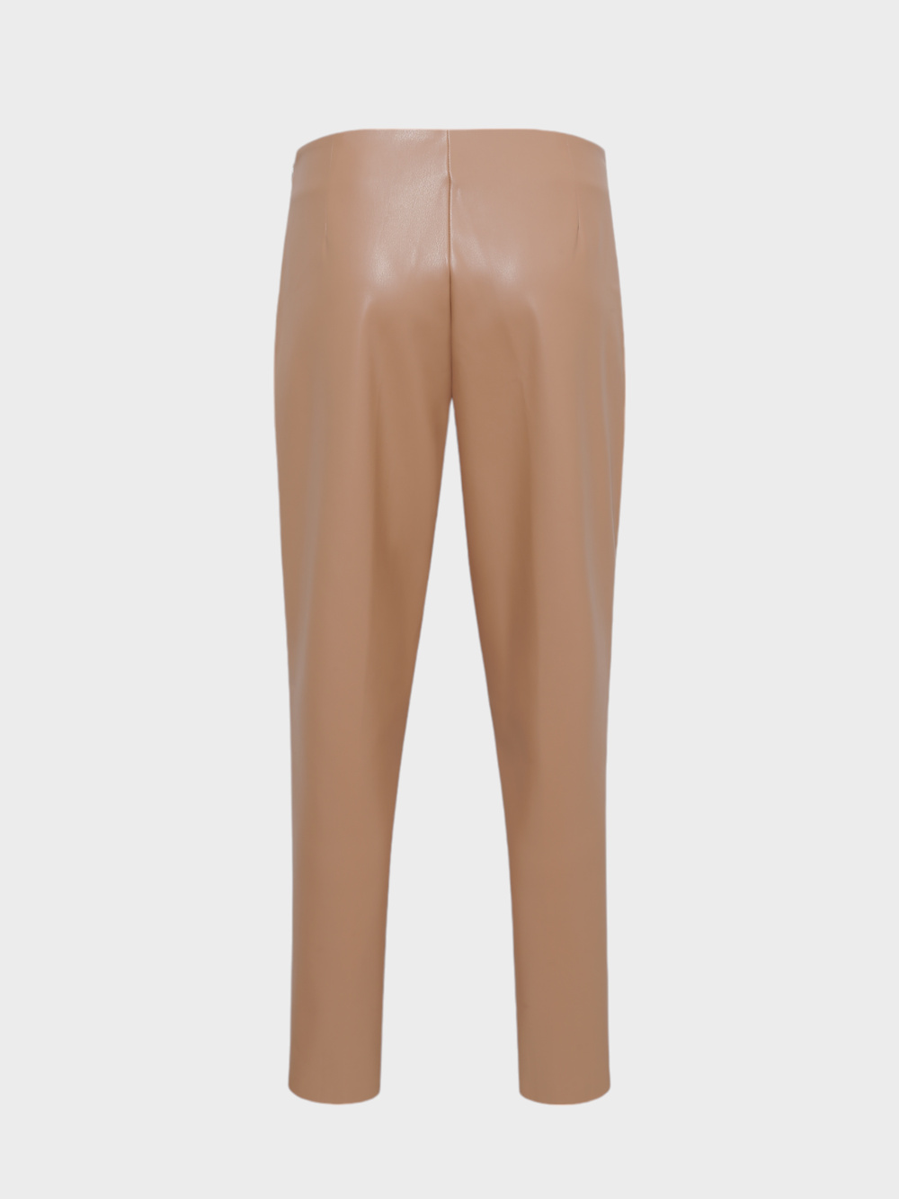 Yüksek Belli Nervür Dikişli Sigara Paça Vegan Deri Pantolon - Bej