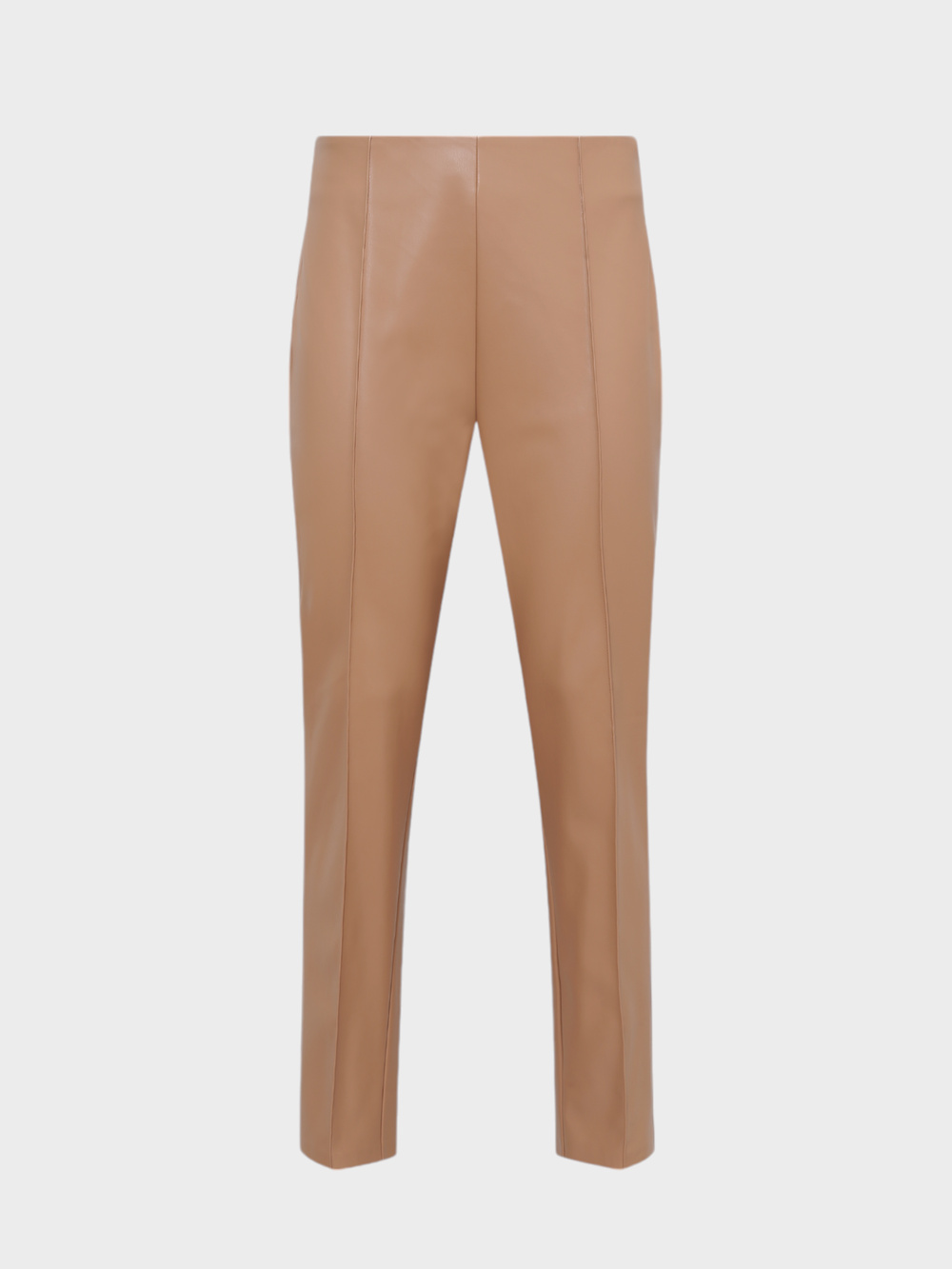 Yüksek Belli Nervür Dikişli Sigara Paça Vegan Deri Pantolon - Bej