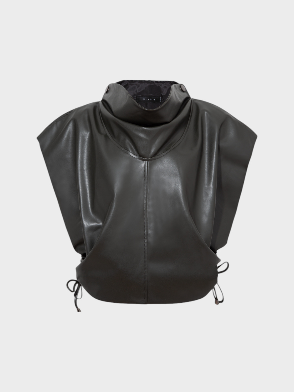 Yüksek Yakalı Kolsuz Deri Yelek - Haki