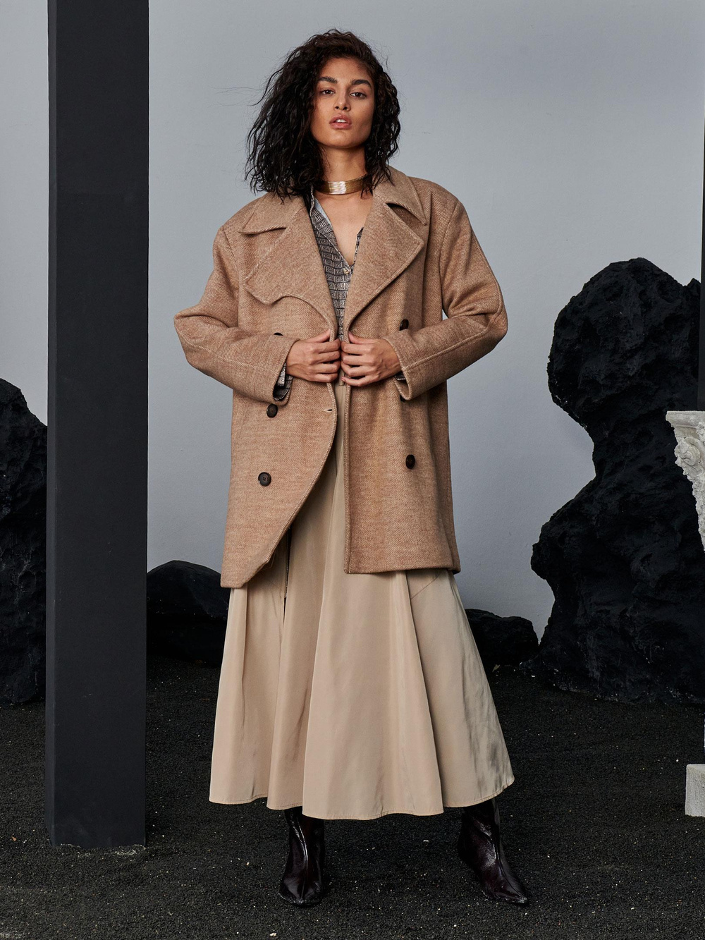 Yün Karışımlı Kaşe Kaban - Bej