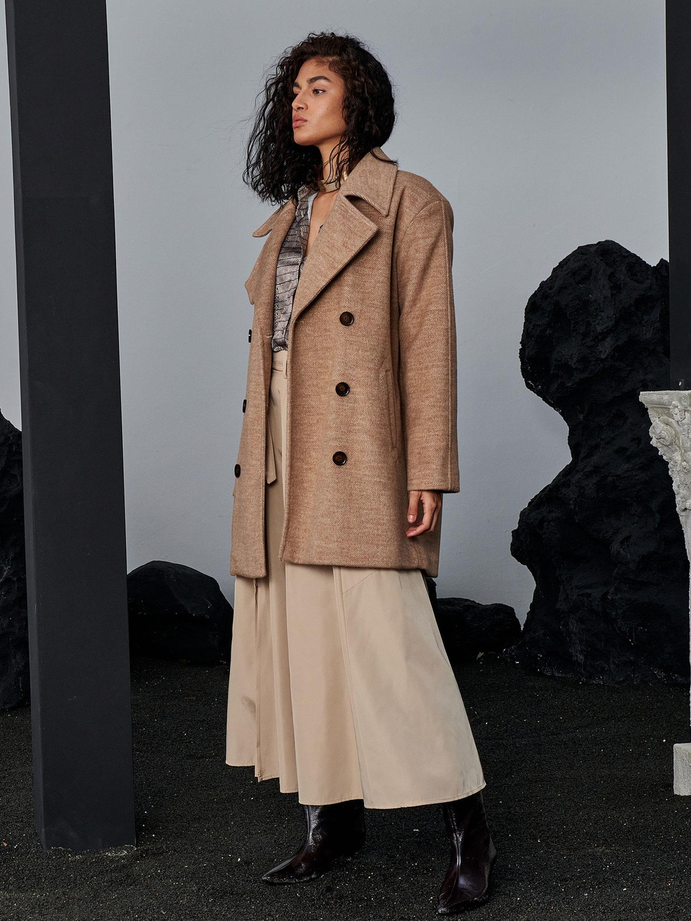 Yün Karışımlı Kaşe Kaban - Bej