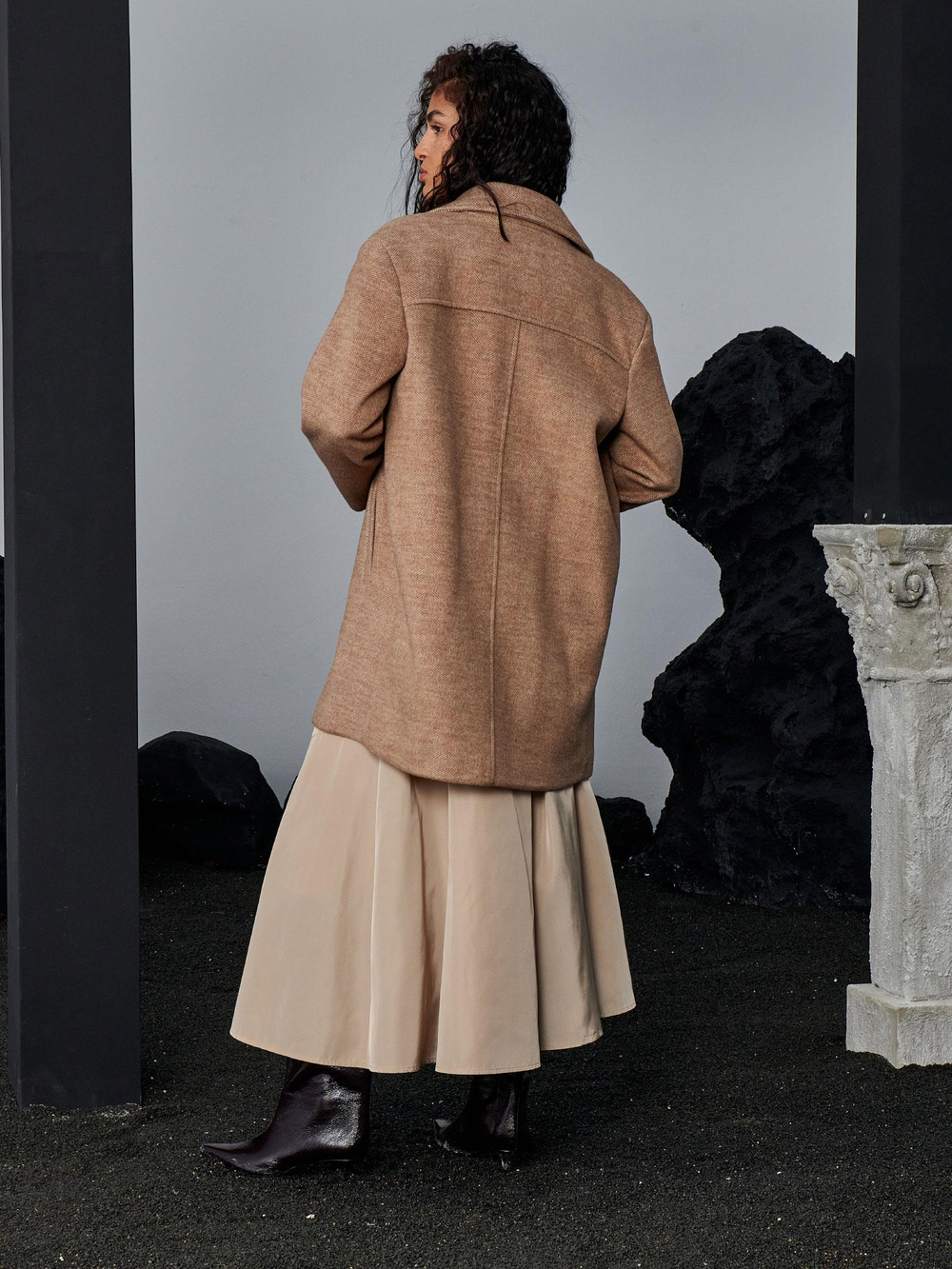 Yün Karışımlı Kaşe Kaban - Bej