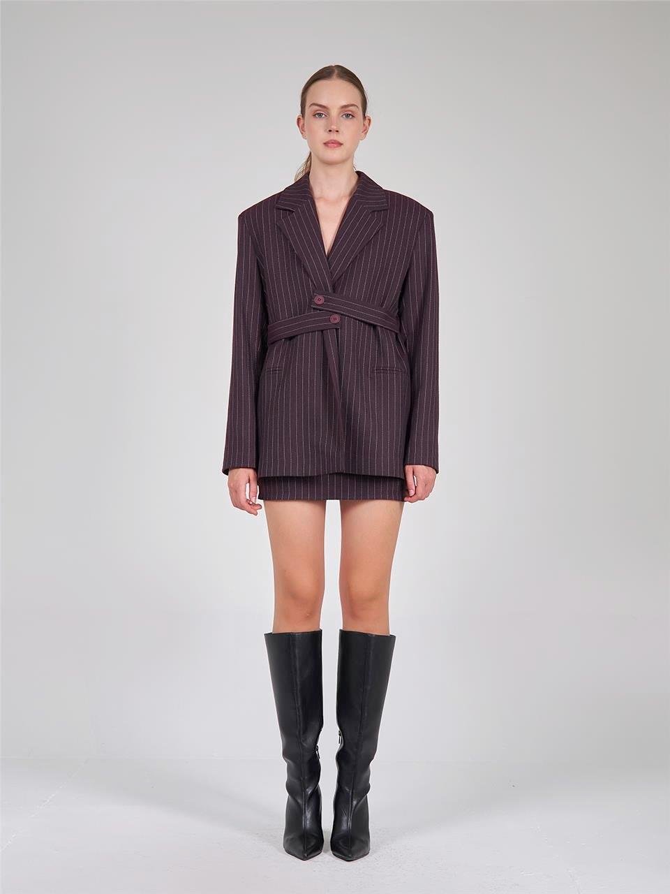 130813 STRIPED BLAZER WITH WAIST CINCH BELT