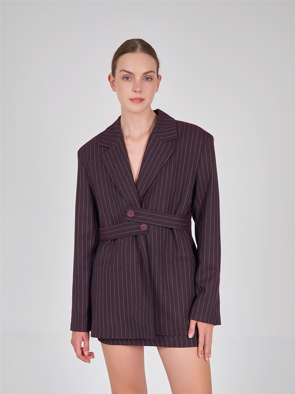 130813 STRIPED BLAZER WITH WAIST CINCH BELT