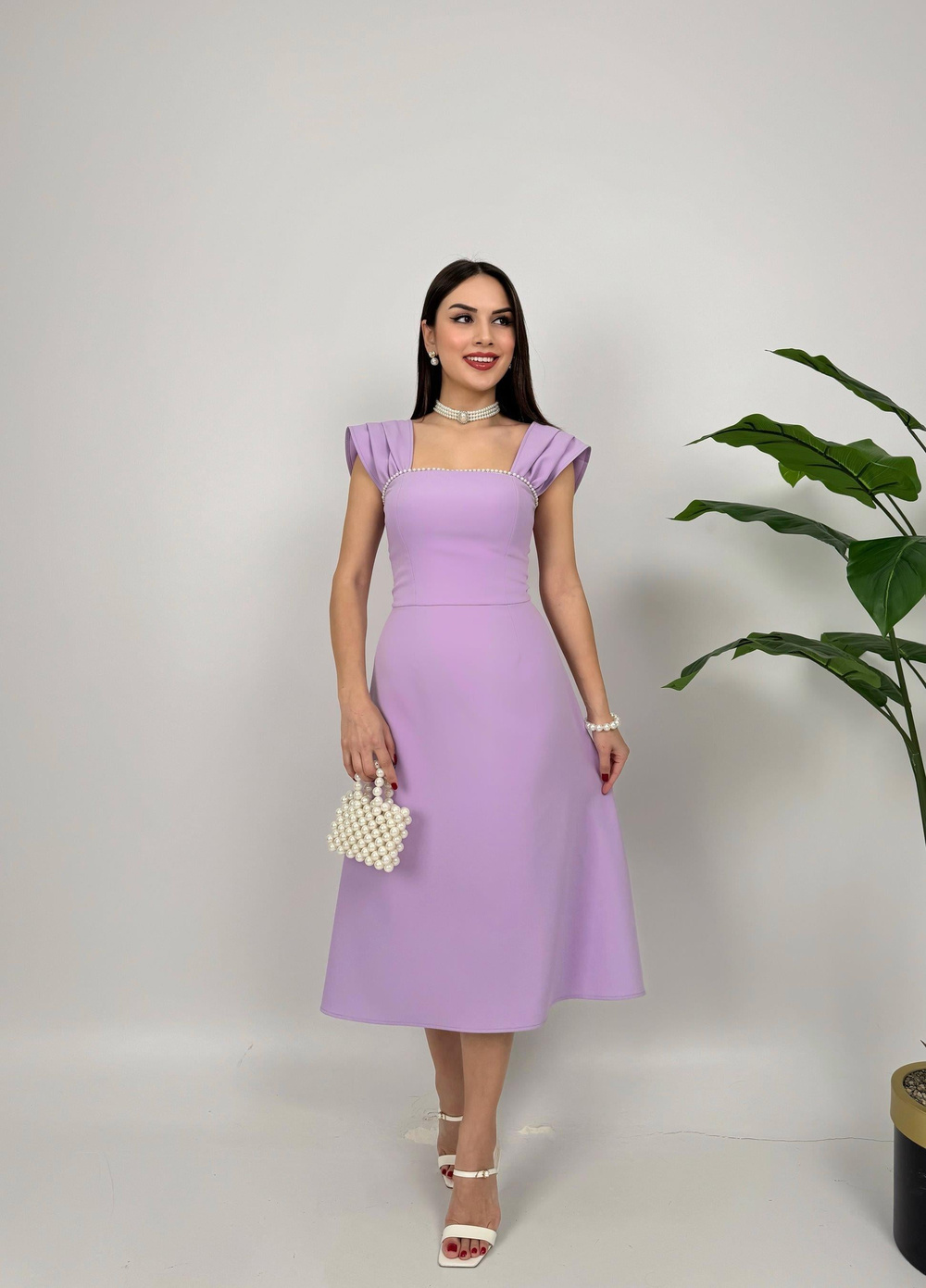 Wholesale Midi Dress with Pearl Embellishments