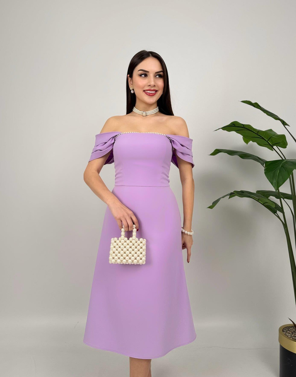 Wholesale Midi Dress with Pearl Embellishments