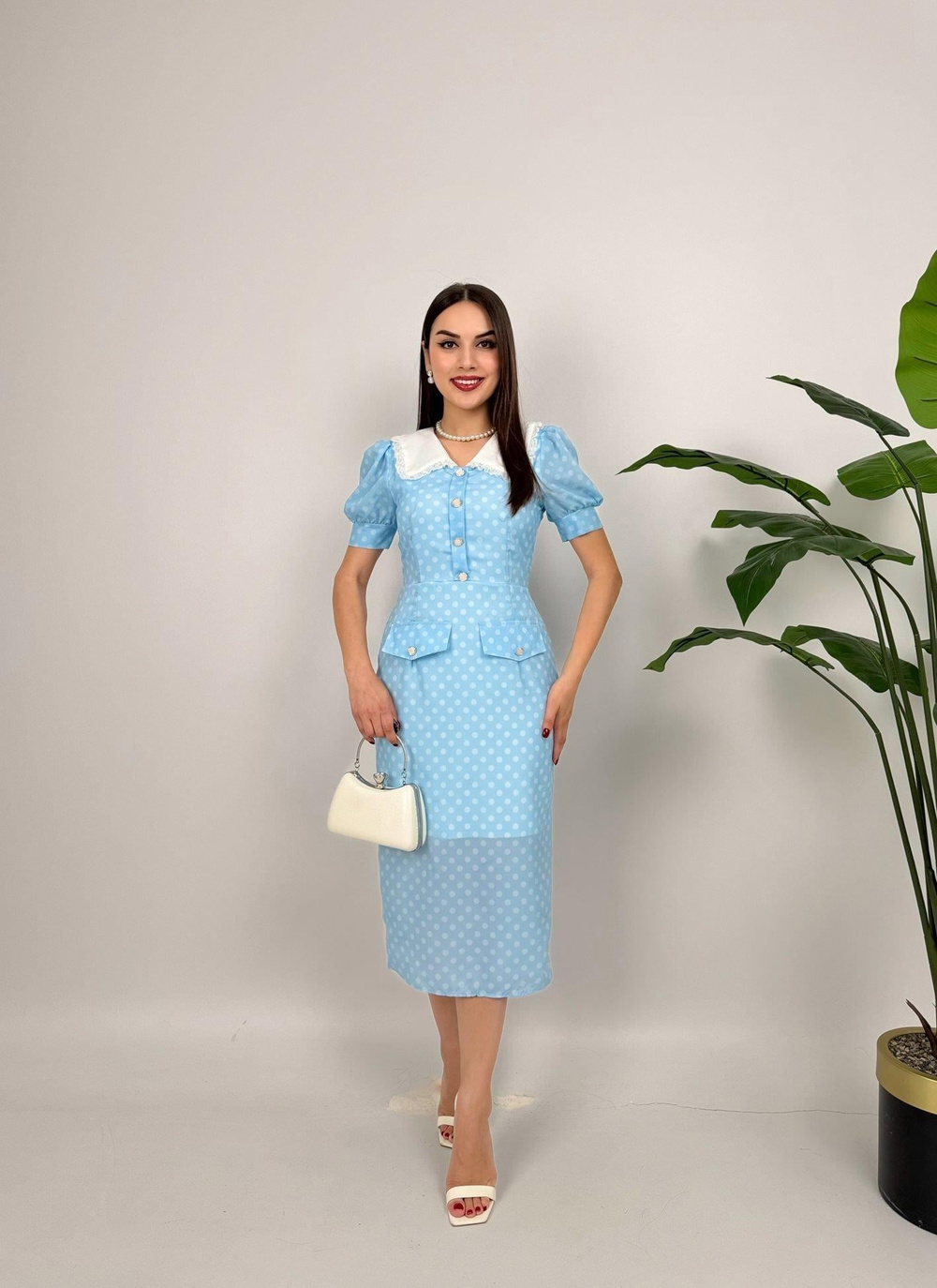 Wholesale Collar Lace Detail Polka Dot Dress