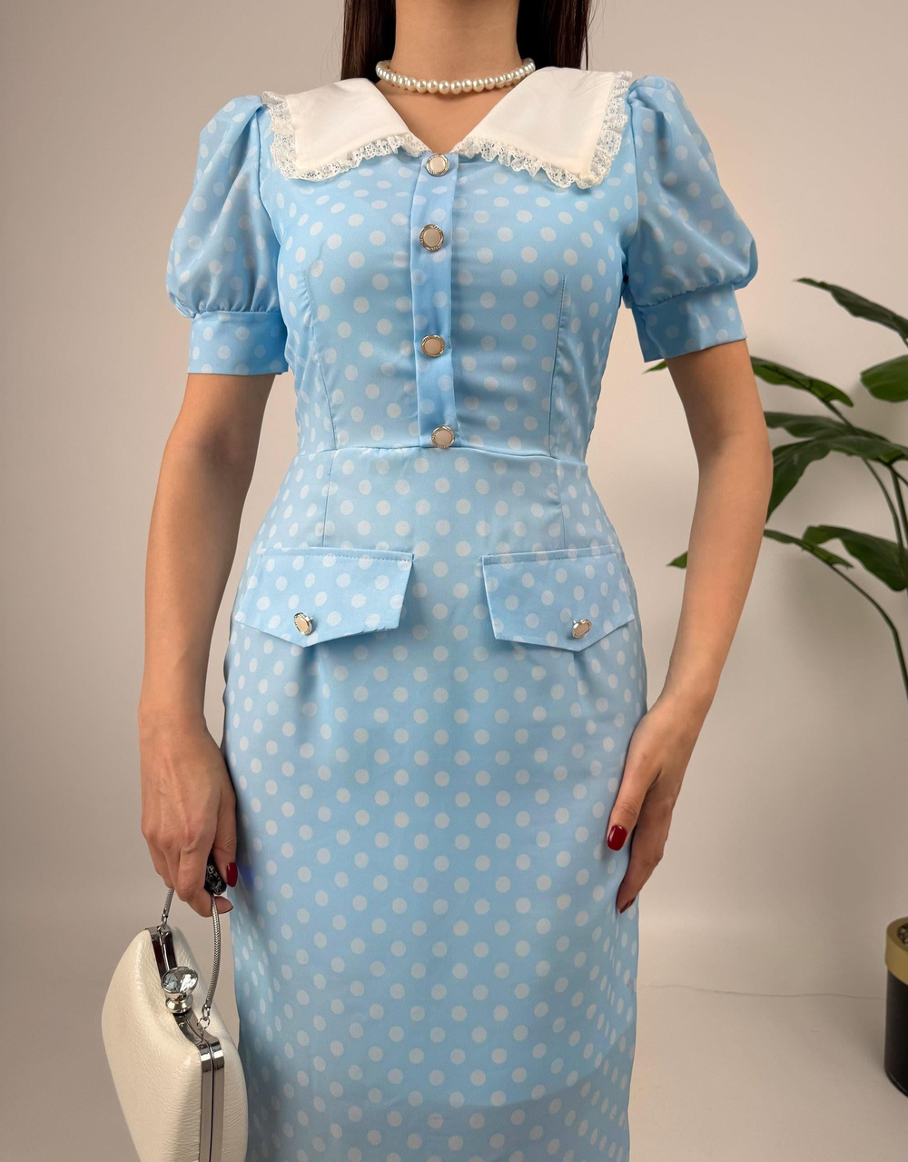 Wholesale Collar Lace Detail Polka Dot Dress