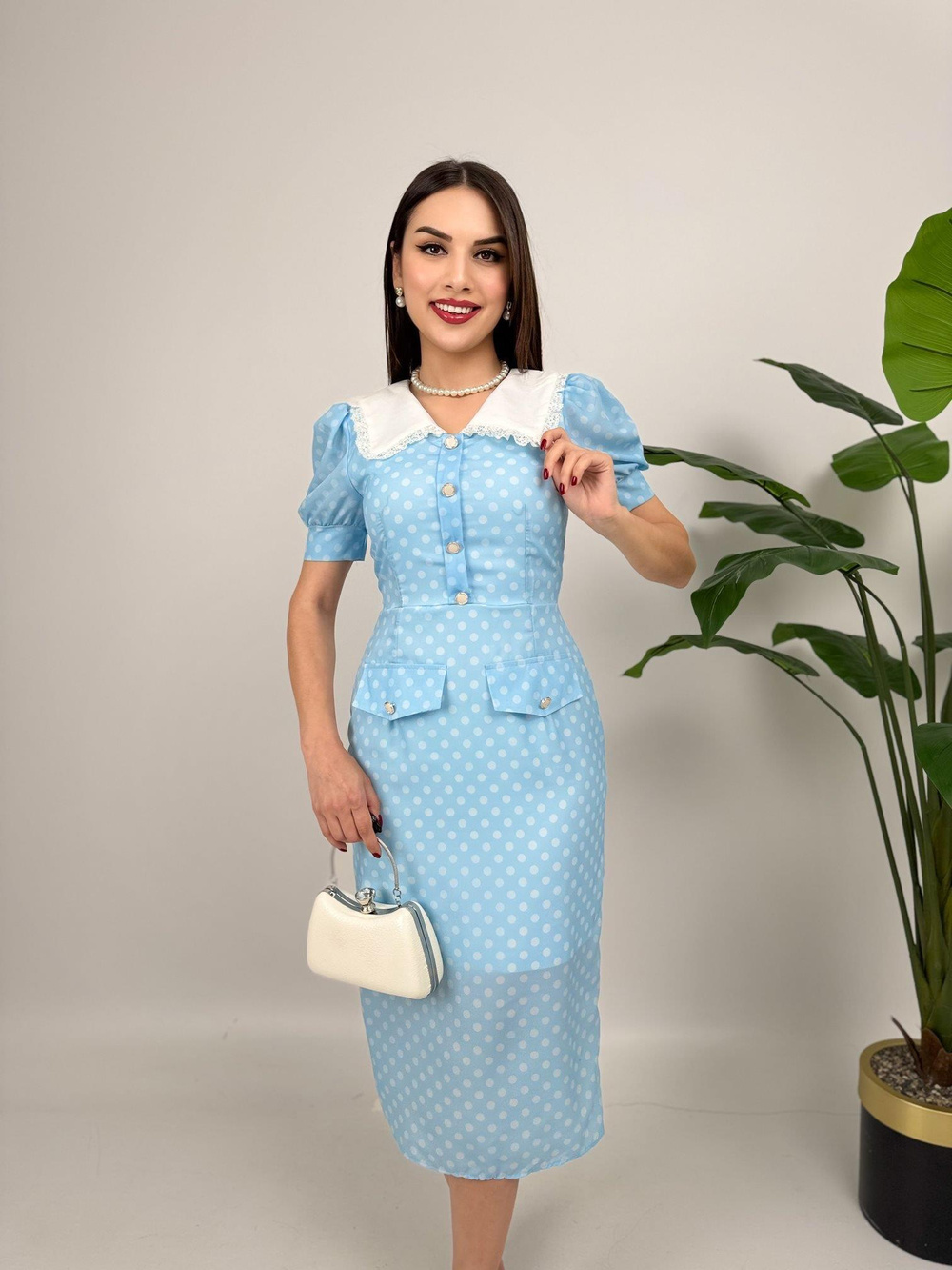 Wholesale Collar Lace Detail Polka Dot Dress