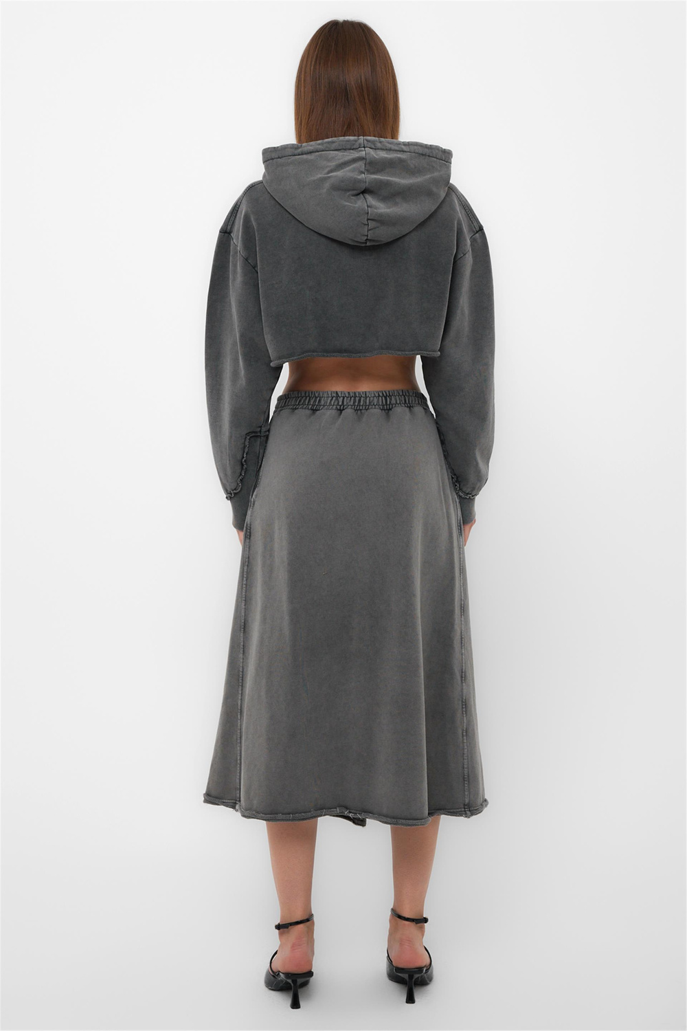 Acid Washed Crop Hoodie With Long Wrap Skirt