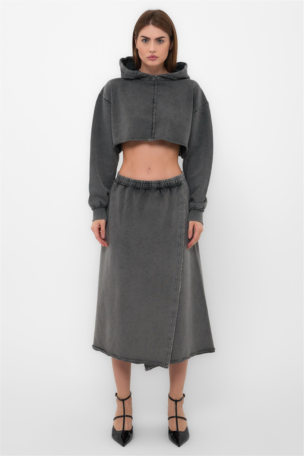 Acid Washed Crop Hoodie With Long Wrap Skirt