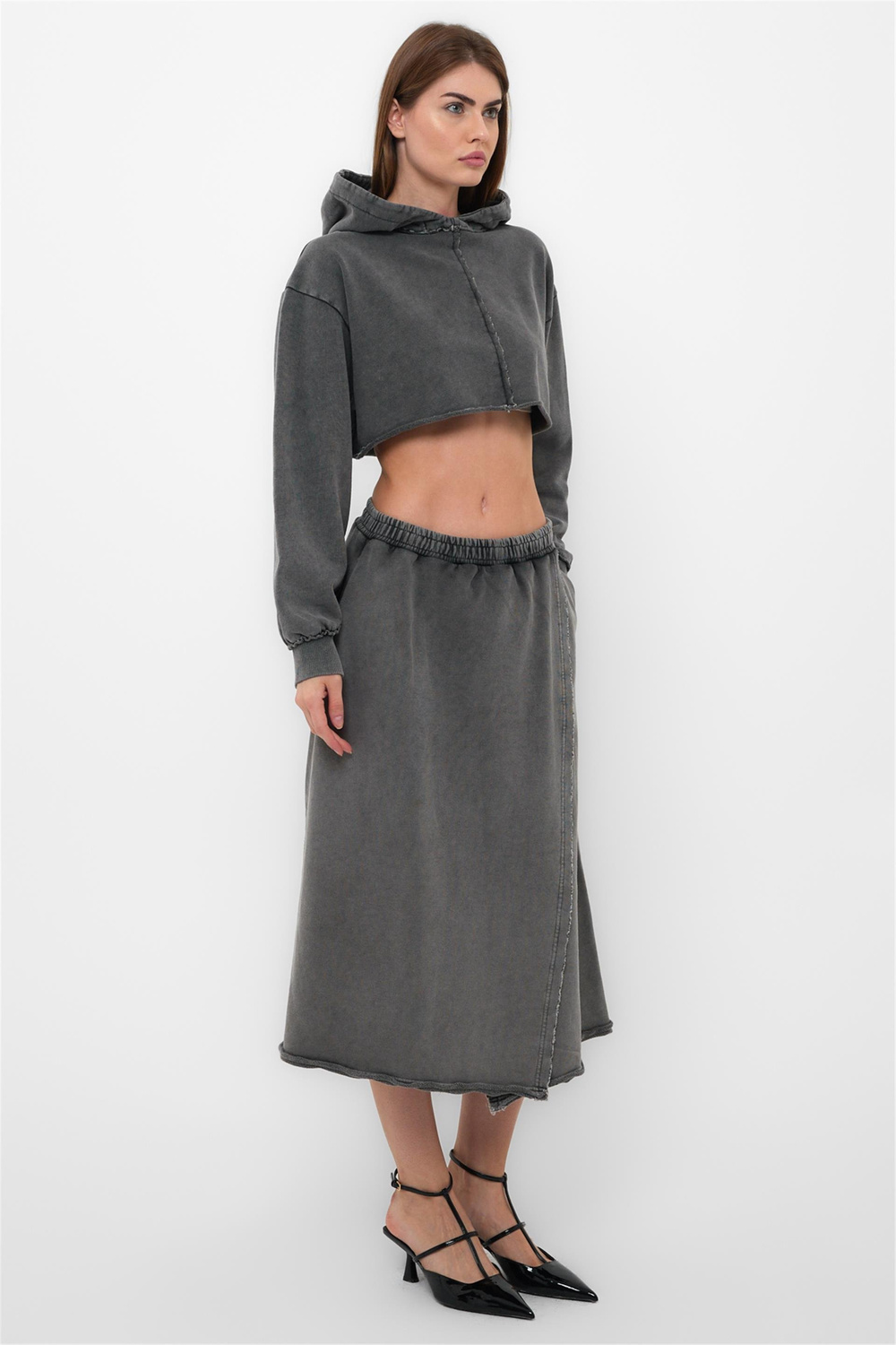 Acid Washed Crop Hoodie With Long Wrap Skirt