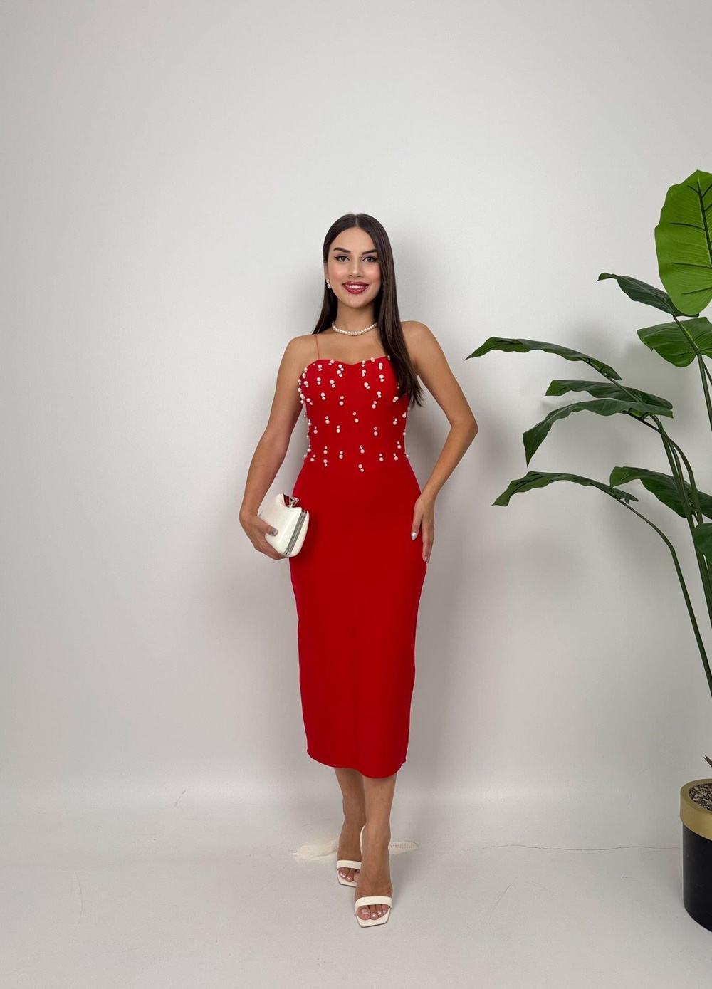 Wholesale Midi Dress with Pearl and Rhinestone Embellishments