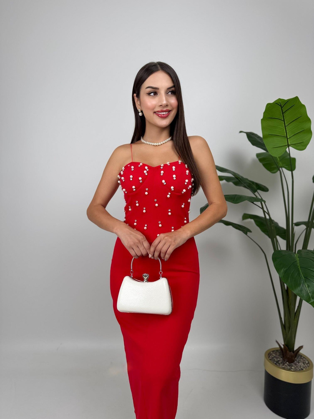 Wholesale Midi Dress with Pearl and Rhinestone Embellishments