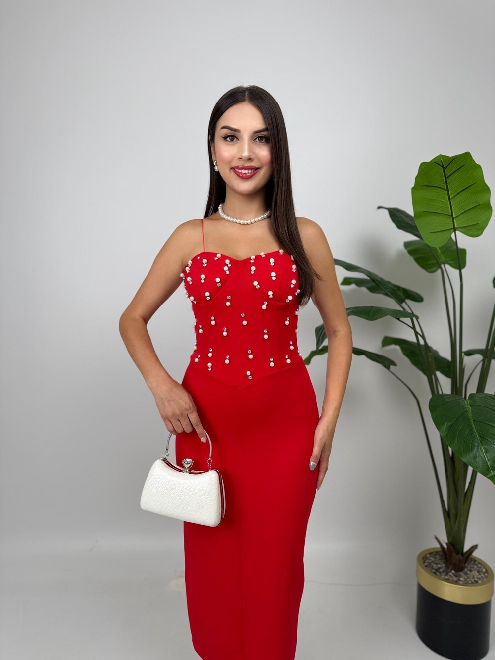 Wholesale Midi Dress with Pearl and Rhinestone Embellishments