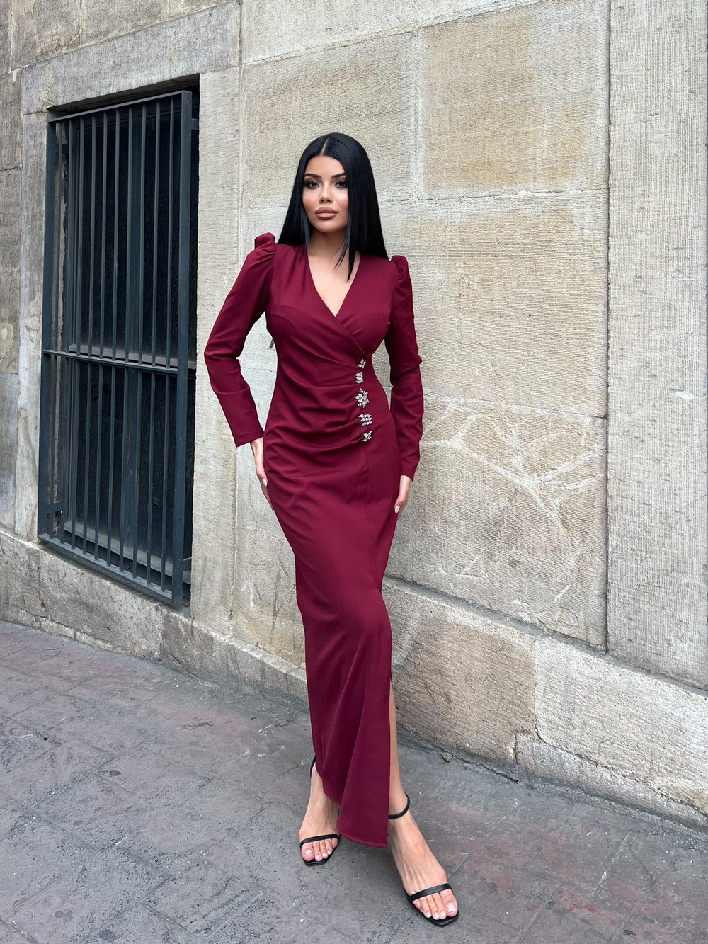 Wholesale V-Neck Maxi Dress with Rhinestone Accessories
