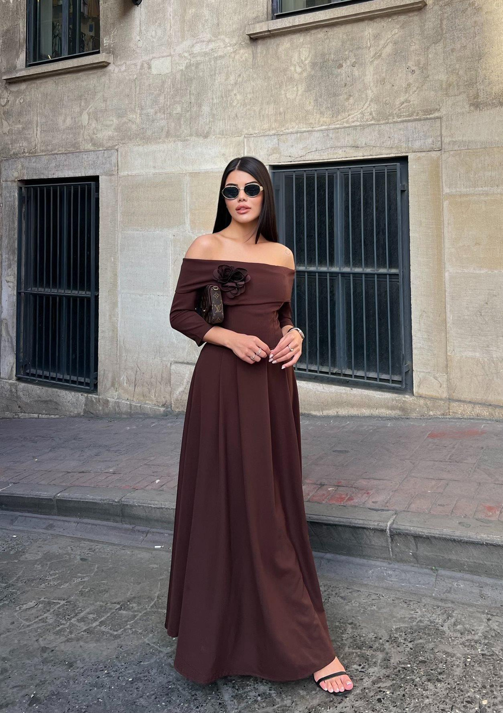 Wholesale Off-Shoulder Maxi Dress with Flower Accent