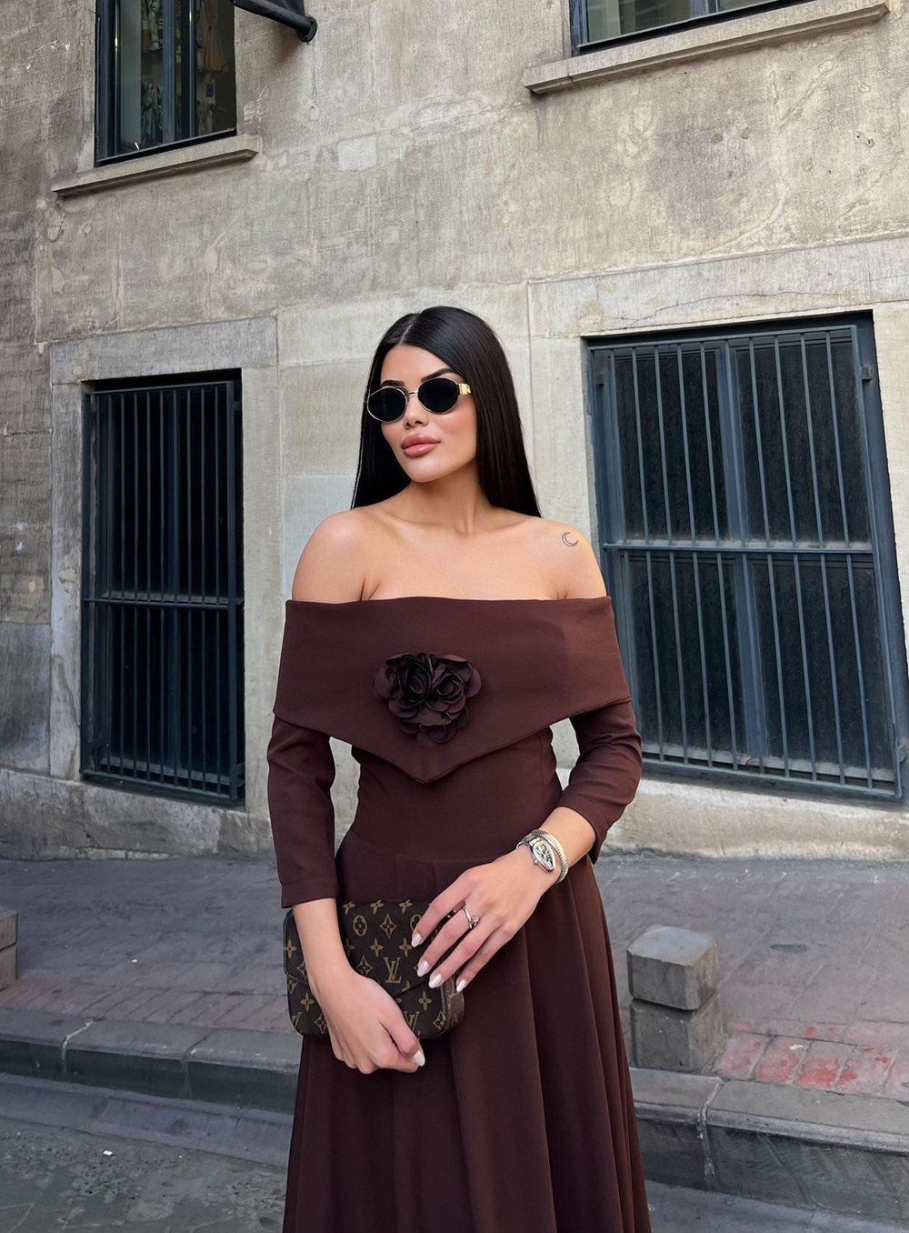 Wholesale Off-Shoulder Maxi Dress with Flower Accent