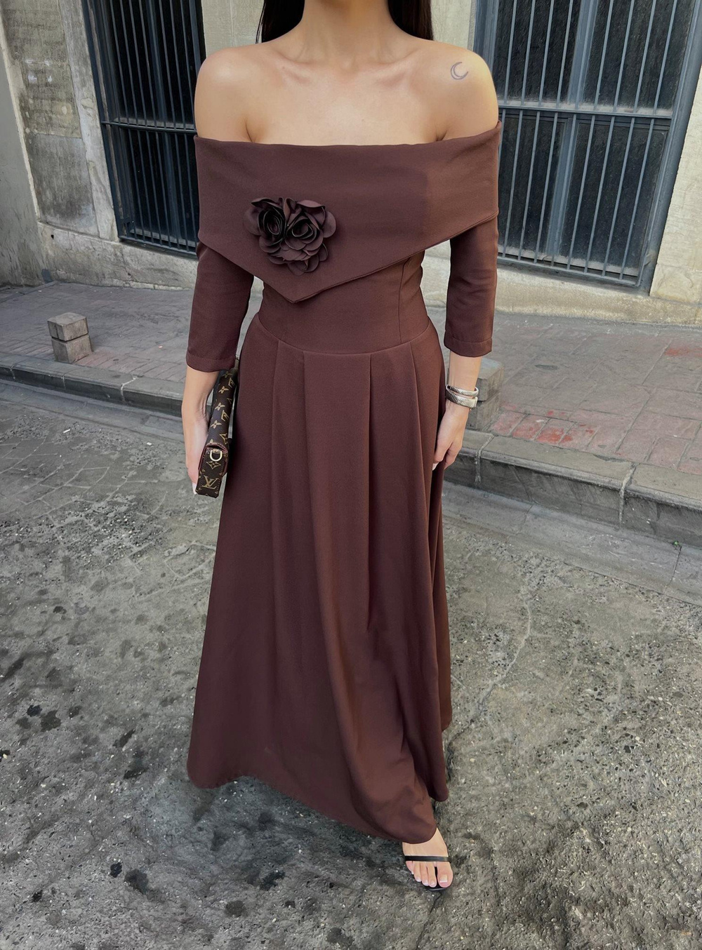 Wholesale Off-Shoulder Maxi Dress with Flower Accent