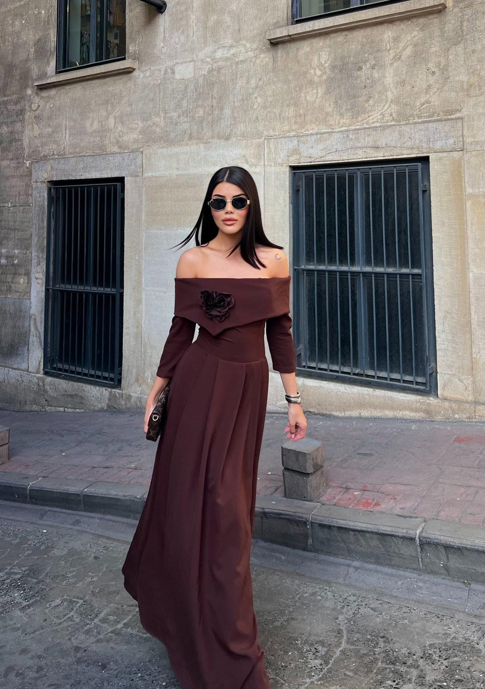 Wholesale Off-Shoulder Maxi Dress with Flower Accent