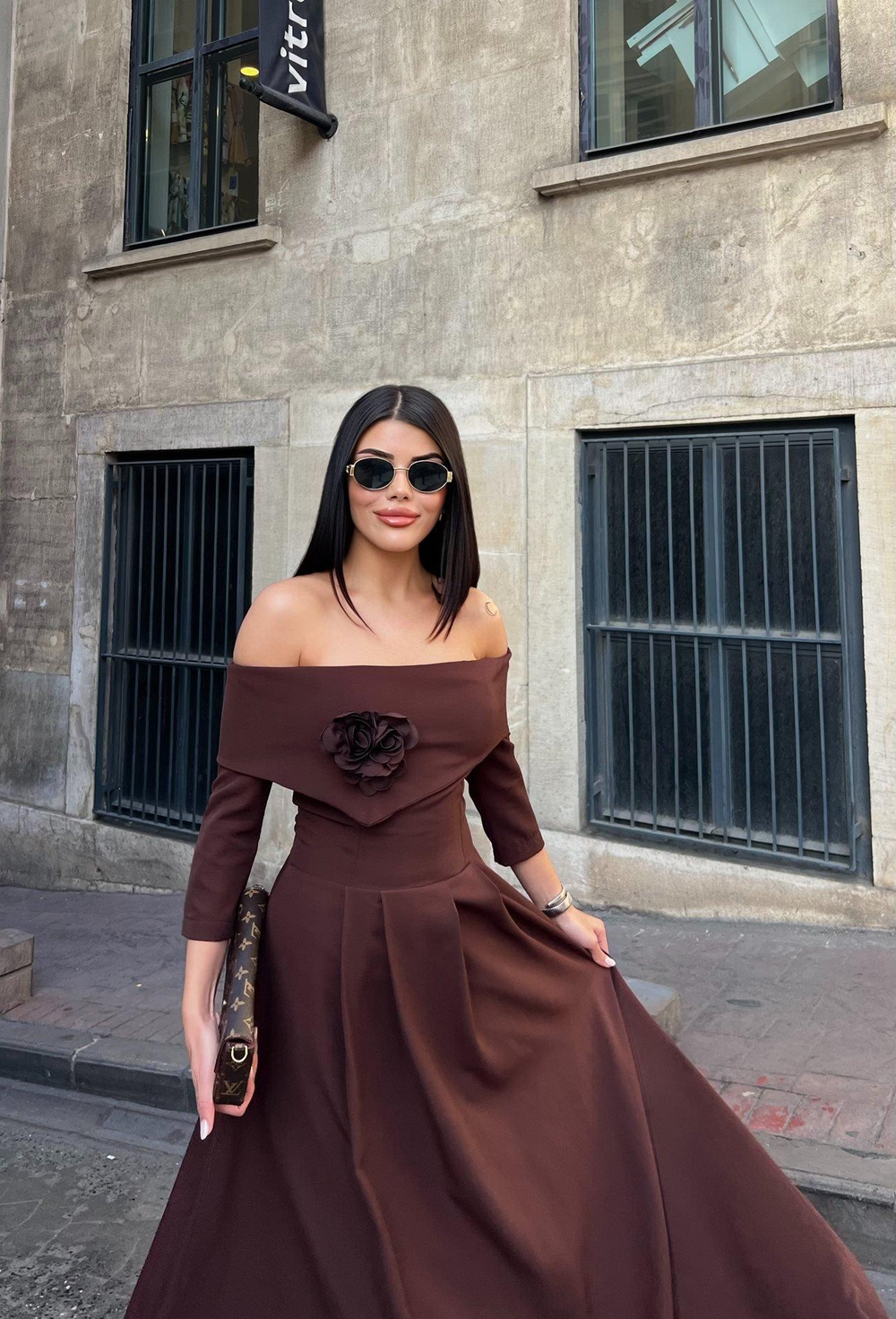Wholesale Off-Shoulder Maxi Dress with Flower Accent