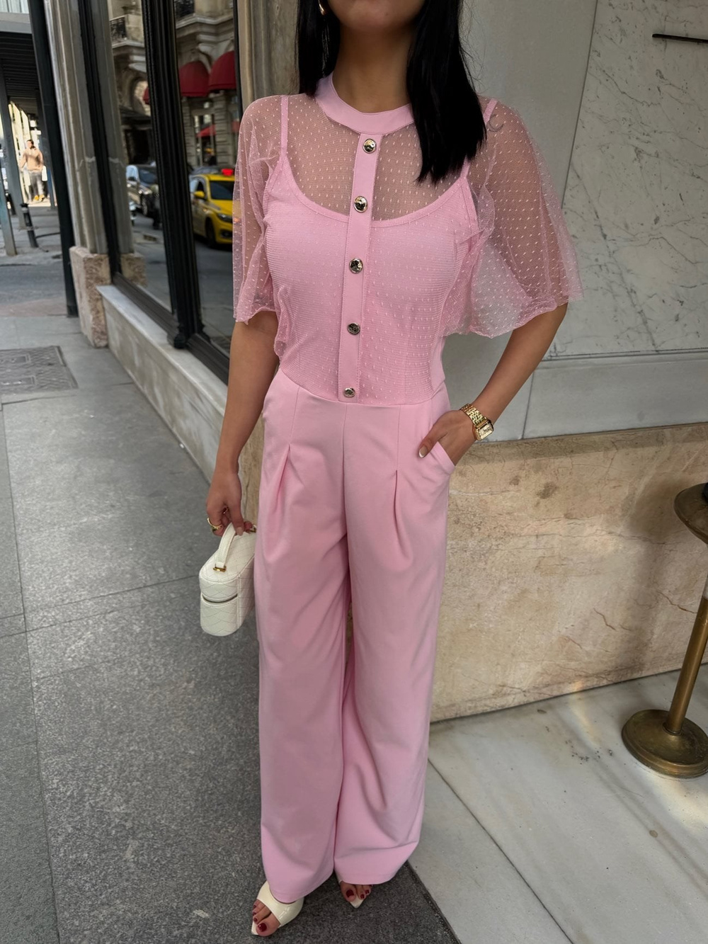Wholesale Palazzo-Leg Jumpsuit with Tulle Overlay
