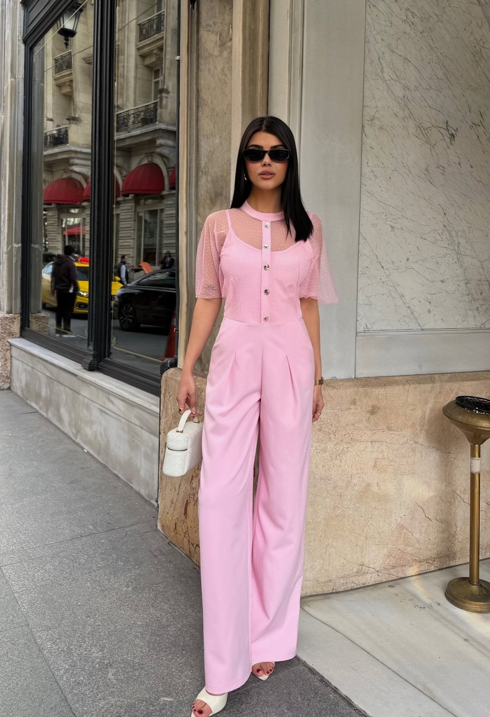 Wholesale Palazzo-Leg Jumpsuit with Tulle Overlay
