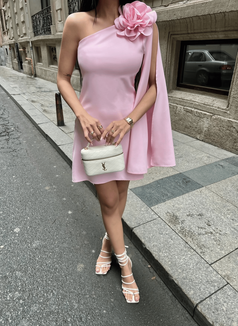 Wholesale Mini Dress with Single Sleeve and Flower Accent