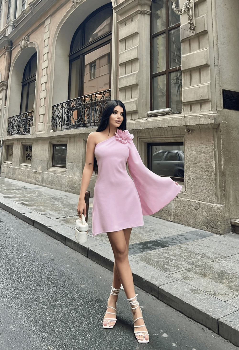 Wholesale Mini Dress with Single Sleeve and Flower Accent